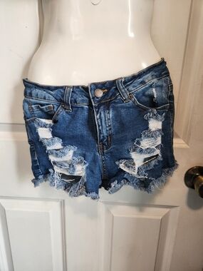 Wax Jean Distressed Dark Blue Denim Shorts